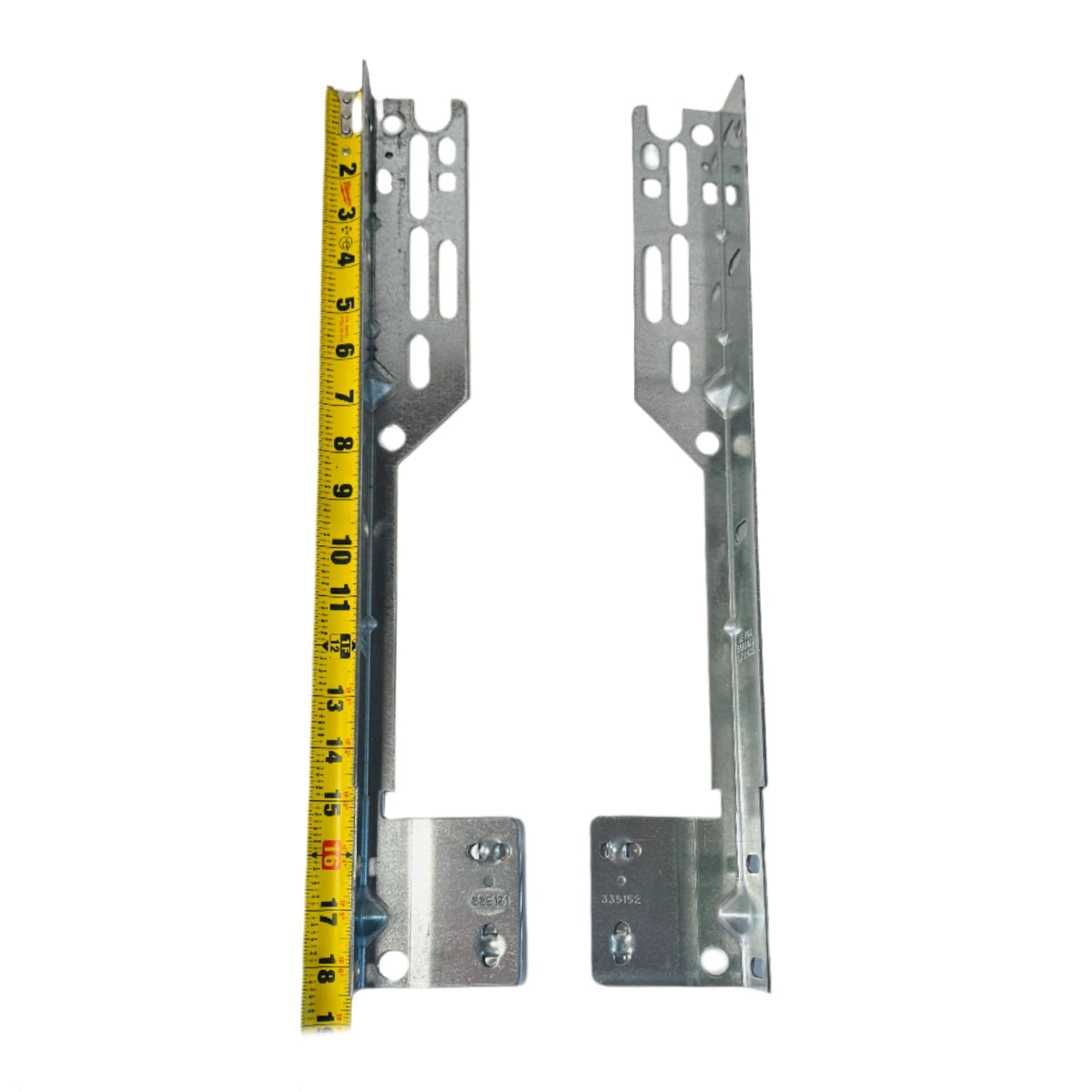 Torquemaster Flag Angle Brackets for 12&quot; radius garage door track, with measuring tape for size reference.