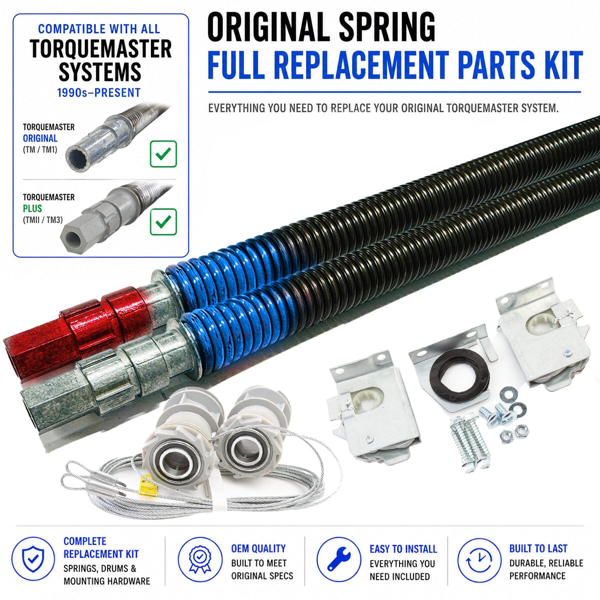 Original Spring Full Replacement Parts Kit for Wayne Dalton TorqueMaster garage doors with double springs, cable drums, winding assembly, and mounting hardware.