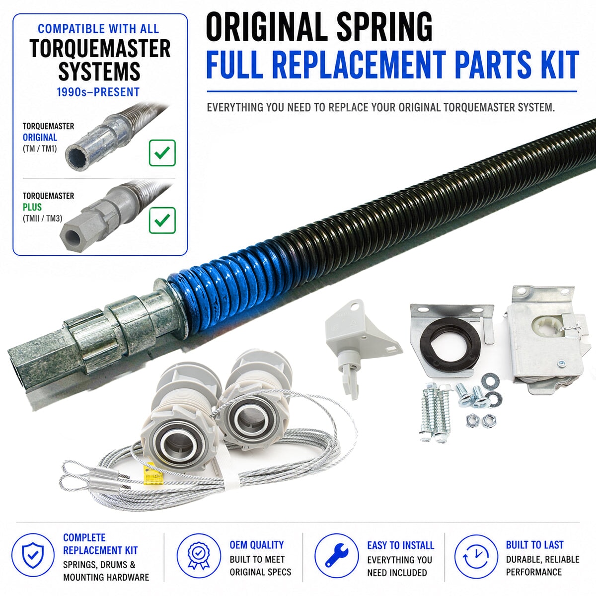 Long life Original Spring Full Replacement Parts Kit for Wayne Dalton TorqueMaster systems with upgraded single spring, cable drums, winding assembly, and hardware.
