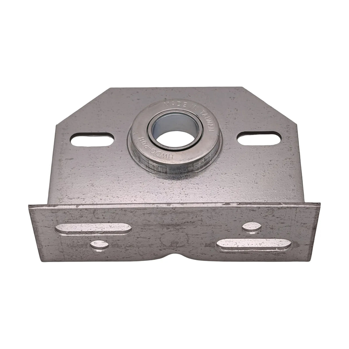 Top down view of 11 gauge center bearing support showing the mounting flange slots and HWDG-20B bearing