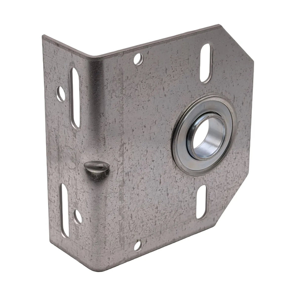 Angled side view of 3 3/8 in. offset 11 gauge galvanized center bearing support with 1 in. shaft bearing