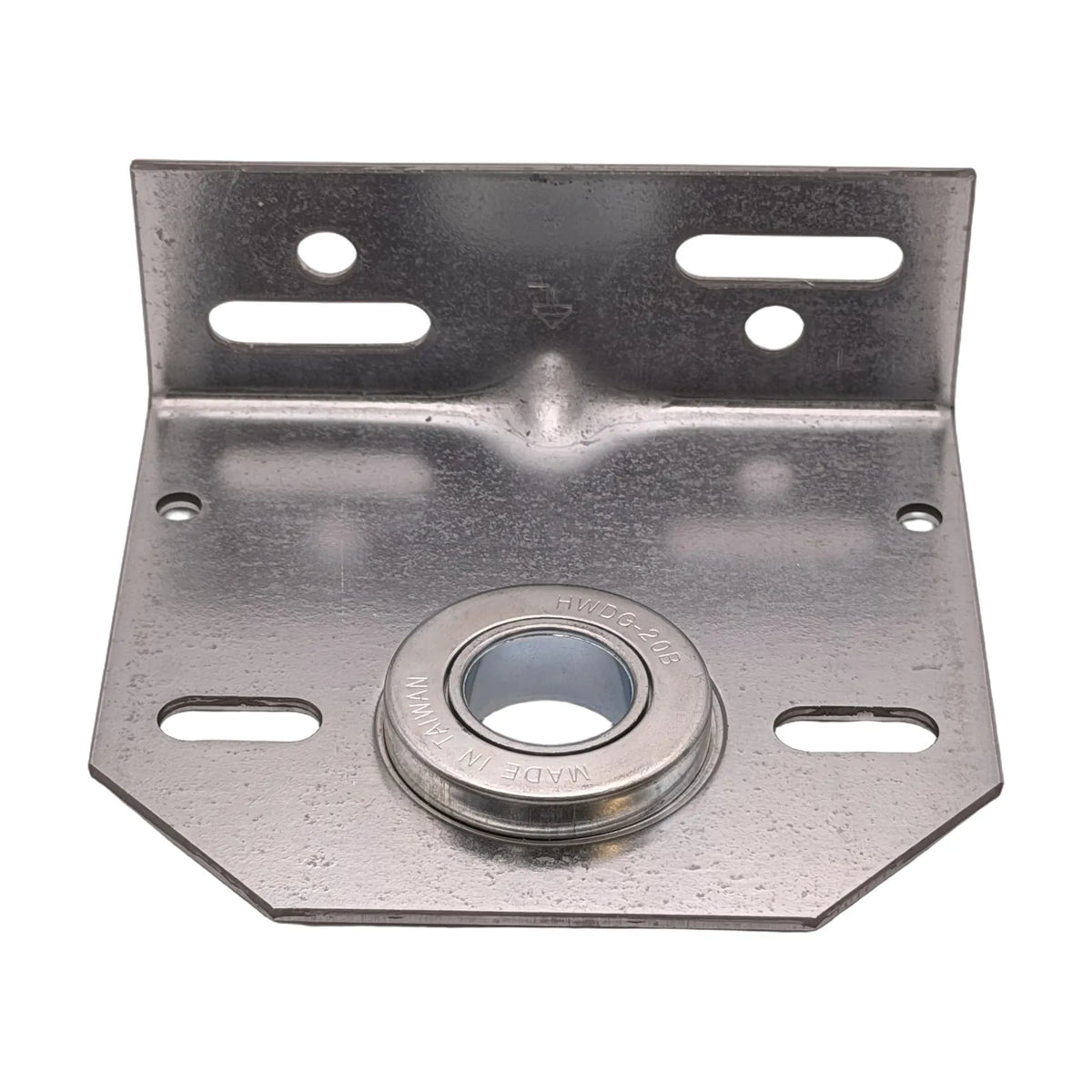 Back side view of 3 3/8 in. offset center bearing support, flange up with the 1 in. bearing at the bottom