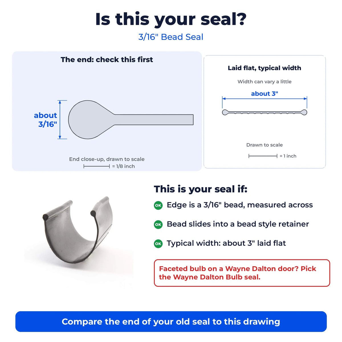 Is this your seal: bottom seal with a 3/16 inch bead on each end, typically about 3 inches wide