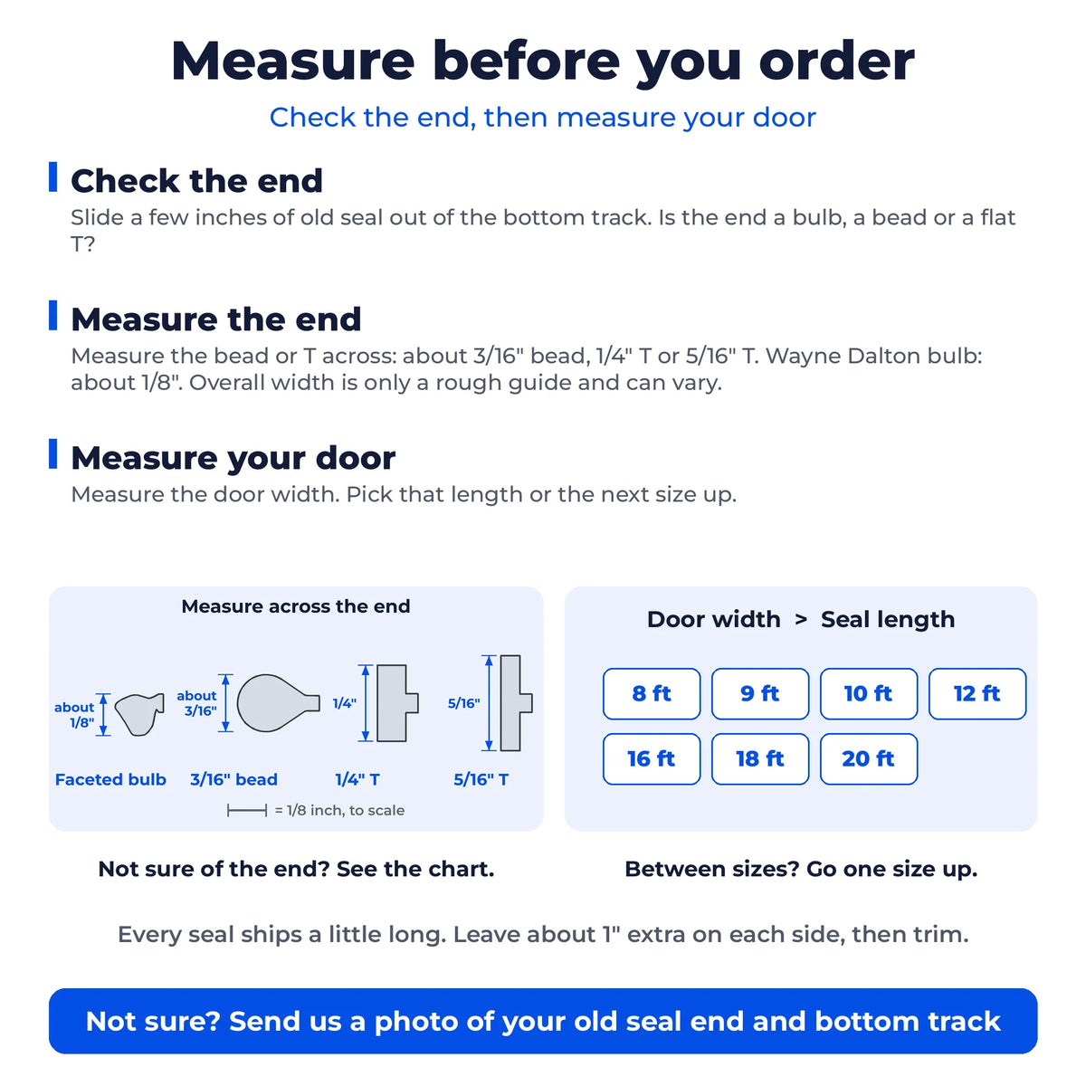 How to pick a garage door bottom seal: check the end shape, measure the bead or T, then measure the door width