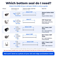 Chart of our 5 garage door bottom seal ends: Wayne Dalton bulb, 3/16 inch bead, two 1/4 inch T seals and a 5/16 inch T